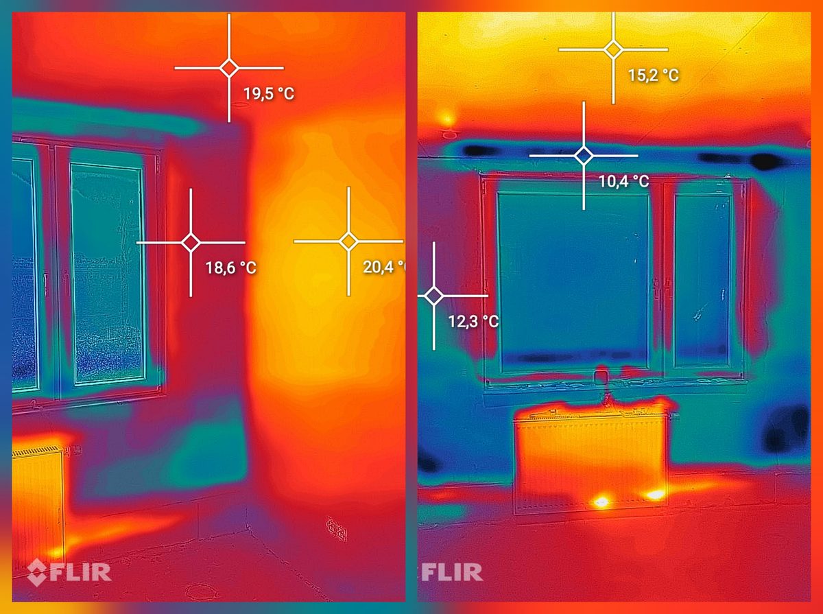 Dos imágenes térmicas de una sala de estar, una junto a la otra. A la derecha, puntos de medición fríos con 15,2, 10,4 y 12,3 grados en la pared y el dintel de la ventana; a la izquierda, el mismo punto con 19,5, 18,6 y 20,4 grados.