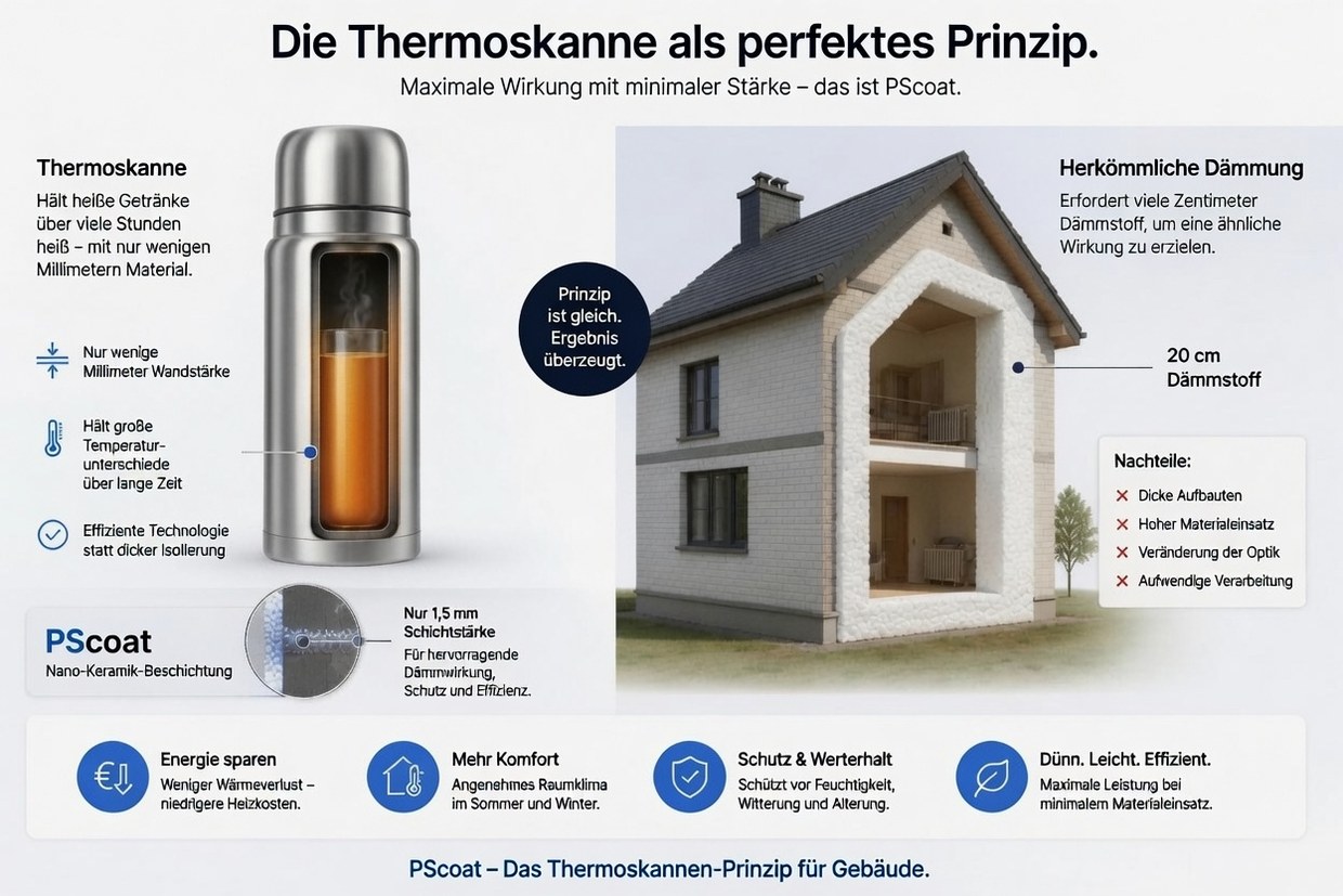Gráfico comparativo: un termo mantiene el calor con unos pocos milímetros de pared, mientras que el aislamiento convencional necesita para ello entre quince y veinte centímetros de poliestireno
